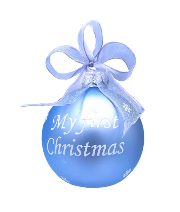 Boutique de Noël Blue Glass Ornament "My First Christmas" To Customize. Small Feet Design