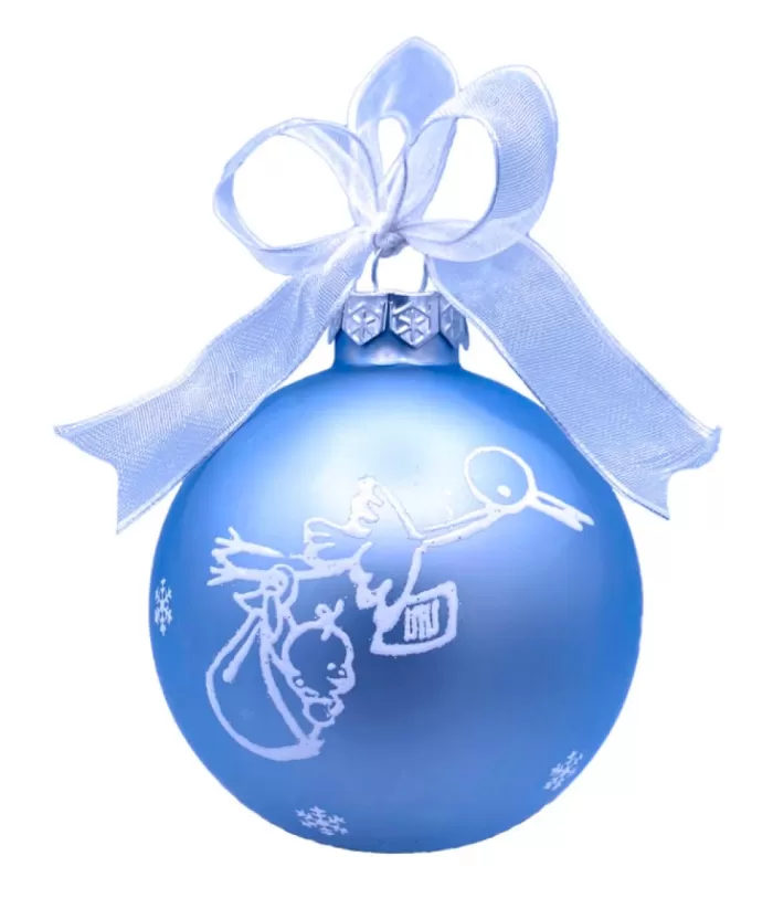 Boutique de Noël Blue Glass Ornament "My First Christmas" To Customize. Stork Design