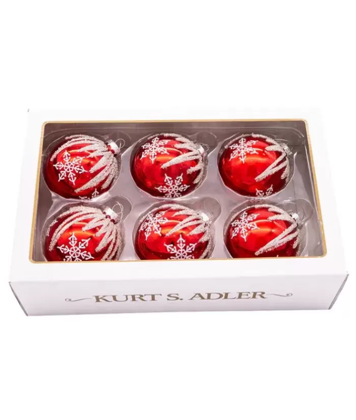 Boutique de Noël Flocons & Étoiles*Box Of 6 Red Glass Jewelled Glass Balls, Snowflake Design 80Mm