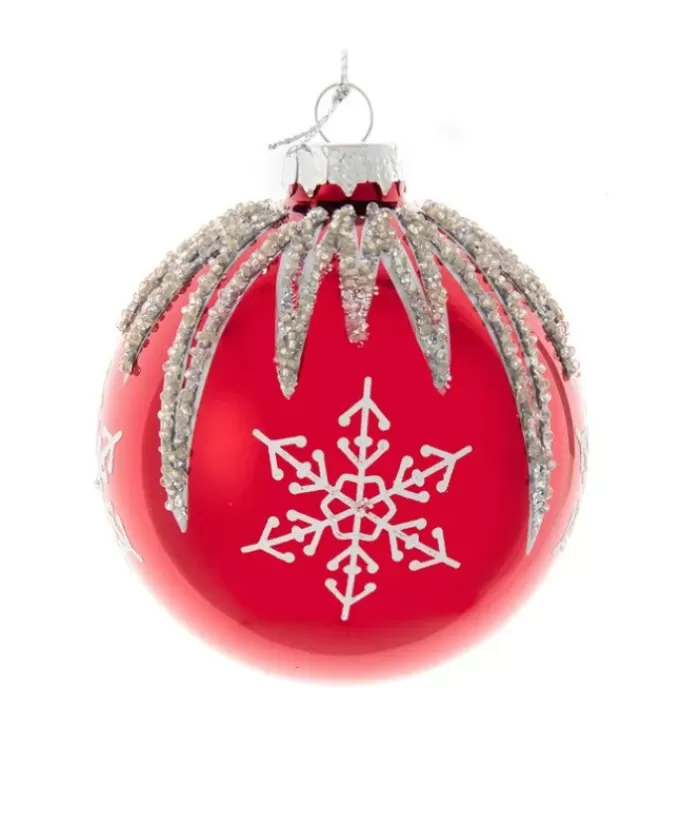 Boutique de Noël Flocons & Étoiles*Box Of 6 Red Glass Jewelled Glass Balls, Snowflake Design 80Mm