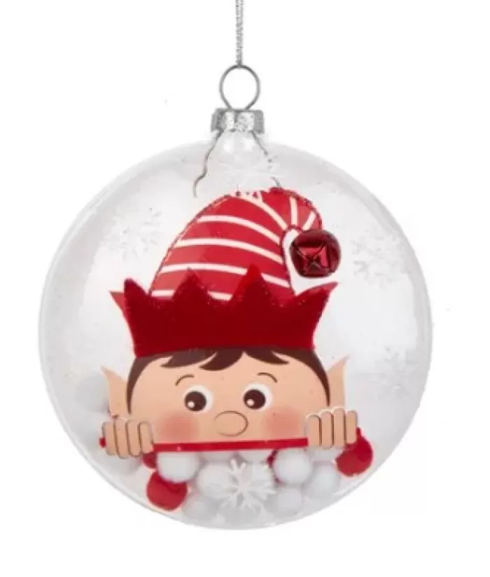 Boutique de Noël Gnomes & Lutins*Clear Glass Ornament With Elf Motif And Snow Ball Filling, 4" Large