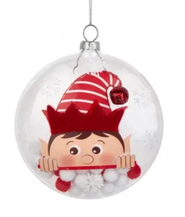 Boutique de Noël Clear Glass Ornament With Elf Motif And Snow Ball Filling, 4" Large