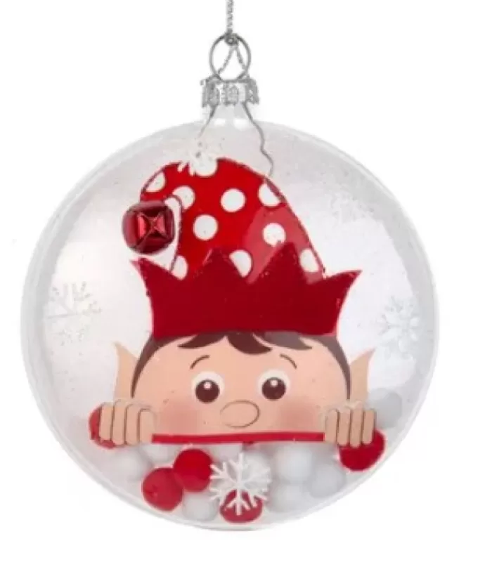 Boutique de Noël Gnomes & Lutins*Clear Glass Ornament With Elf Motif And Snow Ball Filling, 4" Large