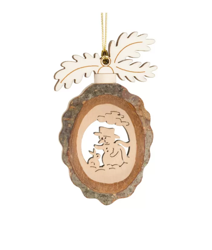 Boutique de Noël Bonhommes De Neige*German Wooden Ornament, Acorn Shape With Oak Leaves, Snowman With Rabbit Engraving, 9Cm