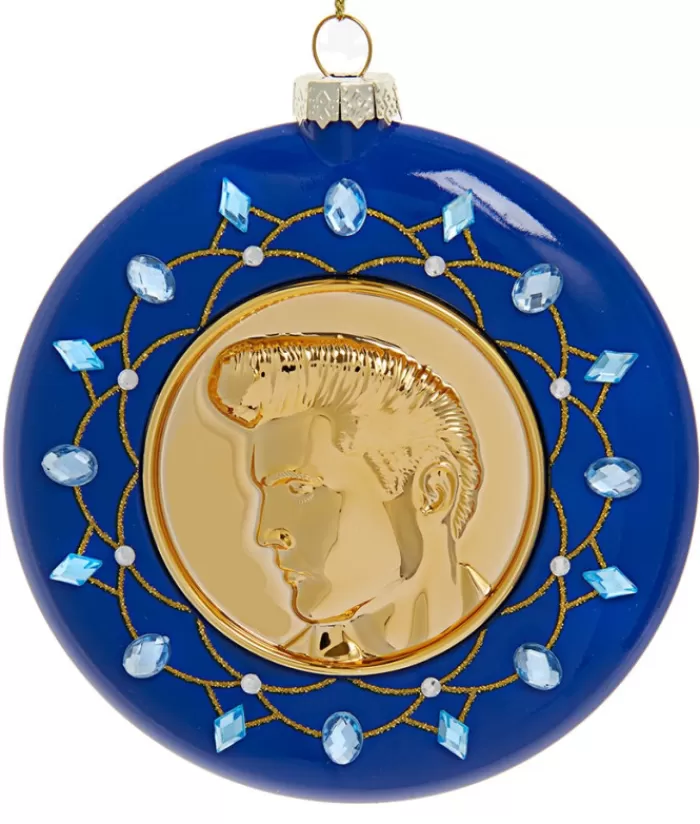 Boutique de Noël Divers*Glass Ornament, Gold And Blue Disc With Elvis' Likeness