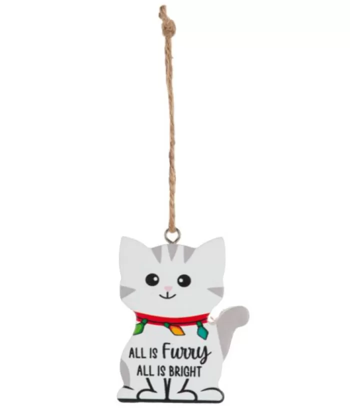 Boutique de Noël Famille & Amitiés*Ornament, Festive Kitten, With Message "All Is Furry, All Is Bright"