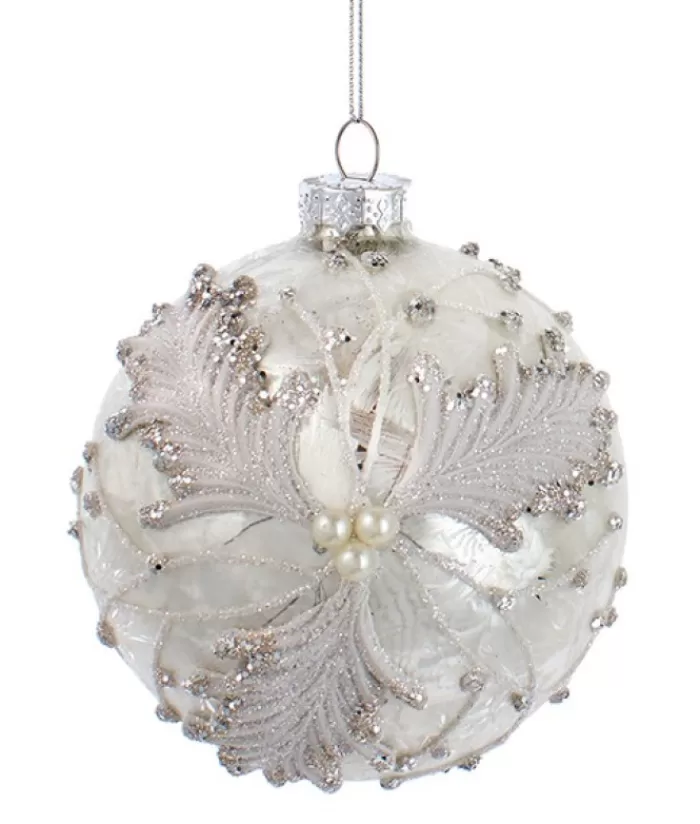 Boutique de Noël Divers*Ornament, Frosted 100Mm Ball, With Ornate Oak Leaves And Pearl Like Decoration
