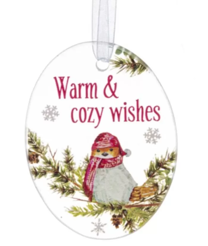 Boutique de Noël Animaux*Ornament, Plaque With Bird Motif, With Message "Warm And Cozy Wishes"