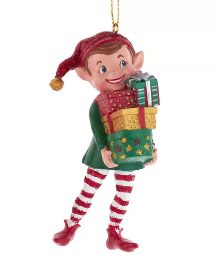 Boutique de Noël Gnomes & Lutins*Ornament, "Red Hat", Elf With An Armful Of Gifts