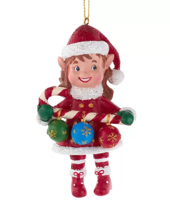 Boutique de Noël Gnomes & Lutins*Ornament, "Red Hat", Miss Elf With Decorated Candy Cane