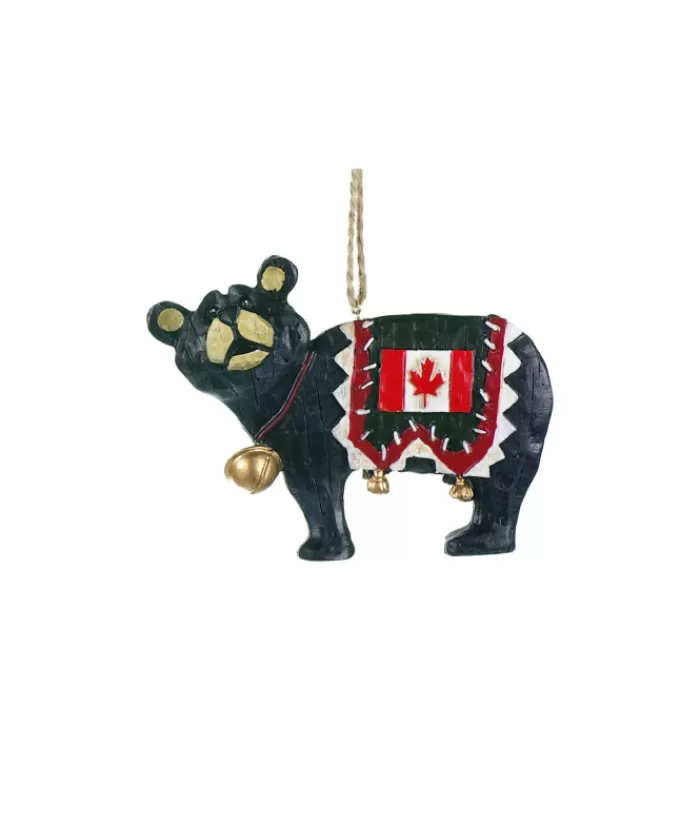 Boutique de Noël Animaux*Ornament, With Mini Bell, Black Bear On All 4`S With Canadian Flag