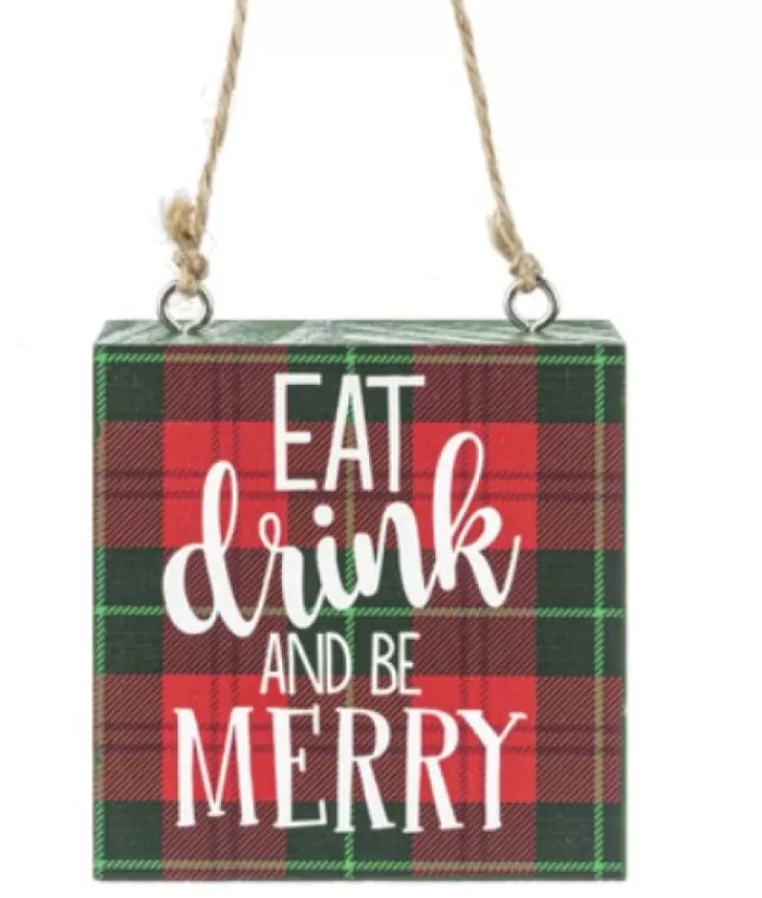 Boutique de Noël Famille & Amitiés*Ornament, Wooden Plaque, With Message "Eat, Drink And Be Merry"