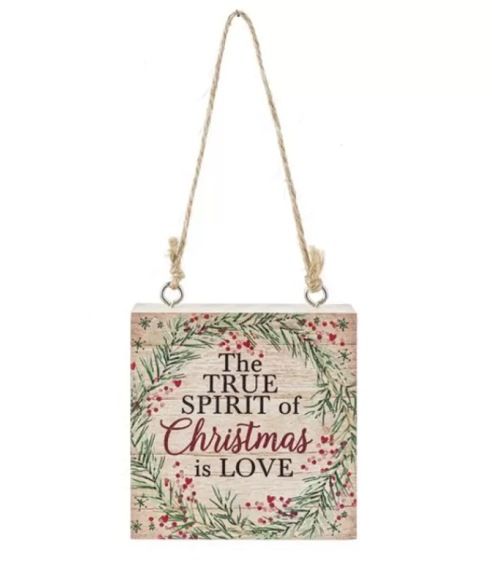 Boutique de Noël Famille & Amitiés*Ornament, Wooden Plaque, With Message "The True Spirit Of Christmas Is Love"