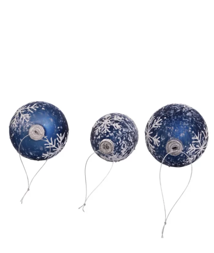 Boutique de Noël Flocons & Étoiles*Round, Onion And Filial Blue Glass Balls, With Snowflake Decoration, 80Mm, Box Of 3