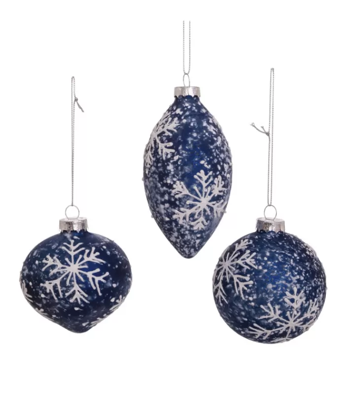 Boutique de Noël Flocons & Étoiles*Round, Onion And Filial Blue Glass Balls, With Snowflake Decoration, 80Mm, Box Of 3